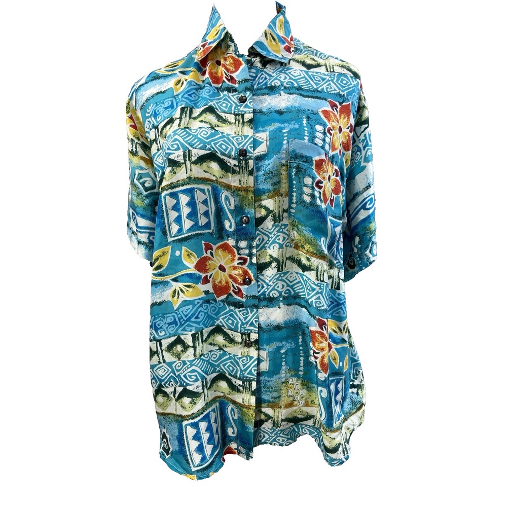 Robert Stock Shirt Mens M Multicolor Silk Hawaiian Floral Short Sleeve Button Up
